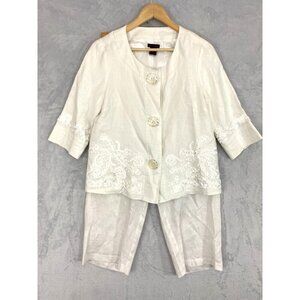 Sara Isabella 100%‎ Linen Pants Blazer Set Small White Shirt Applique Cropped